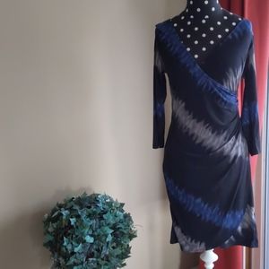 Black, blue gray faux wrap dress